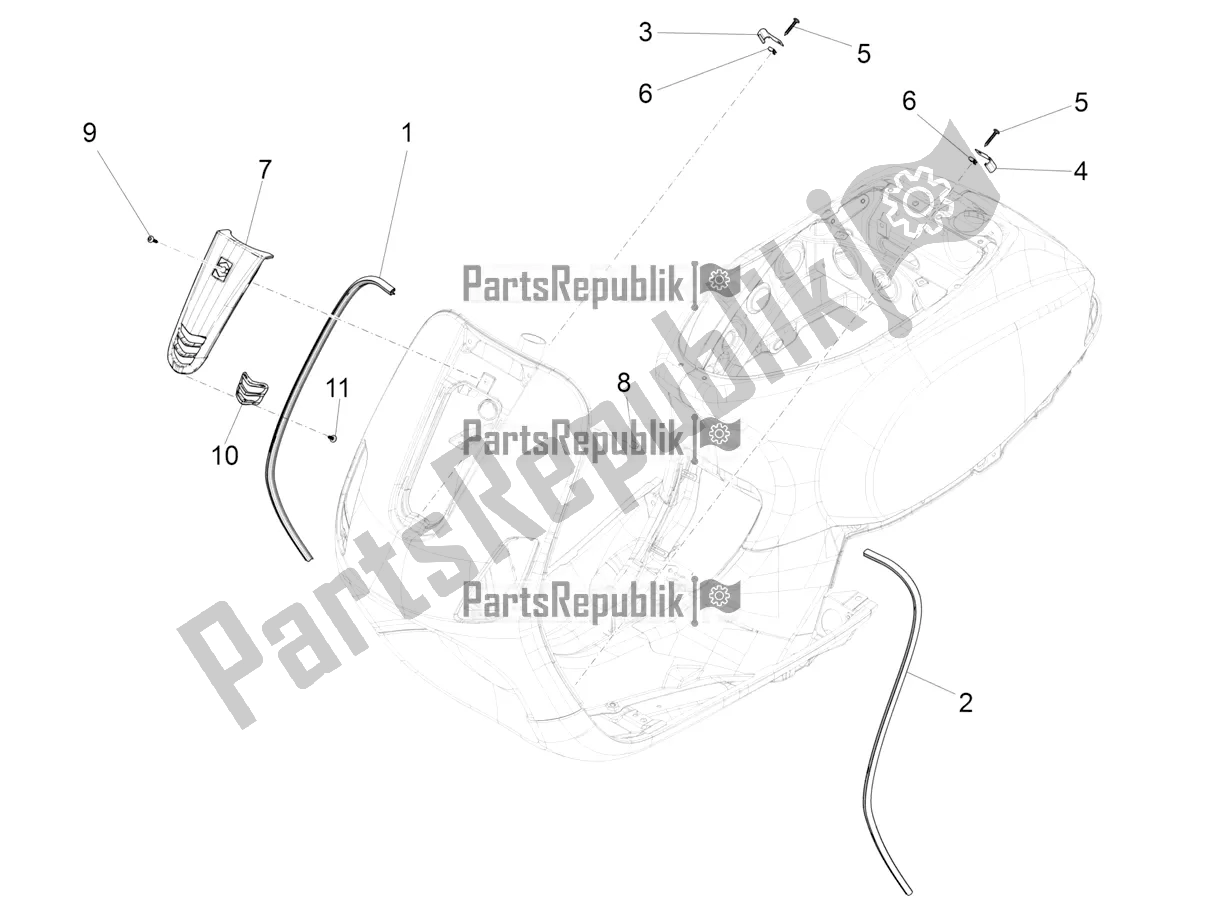 All parts for the Front Shield of the Vespa VXL 125 4T 3V Apac 2020