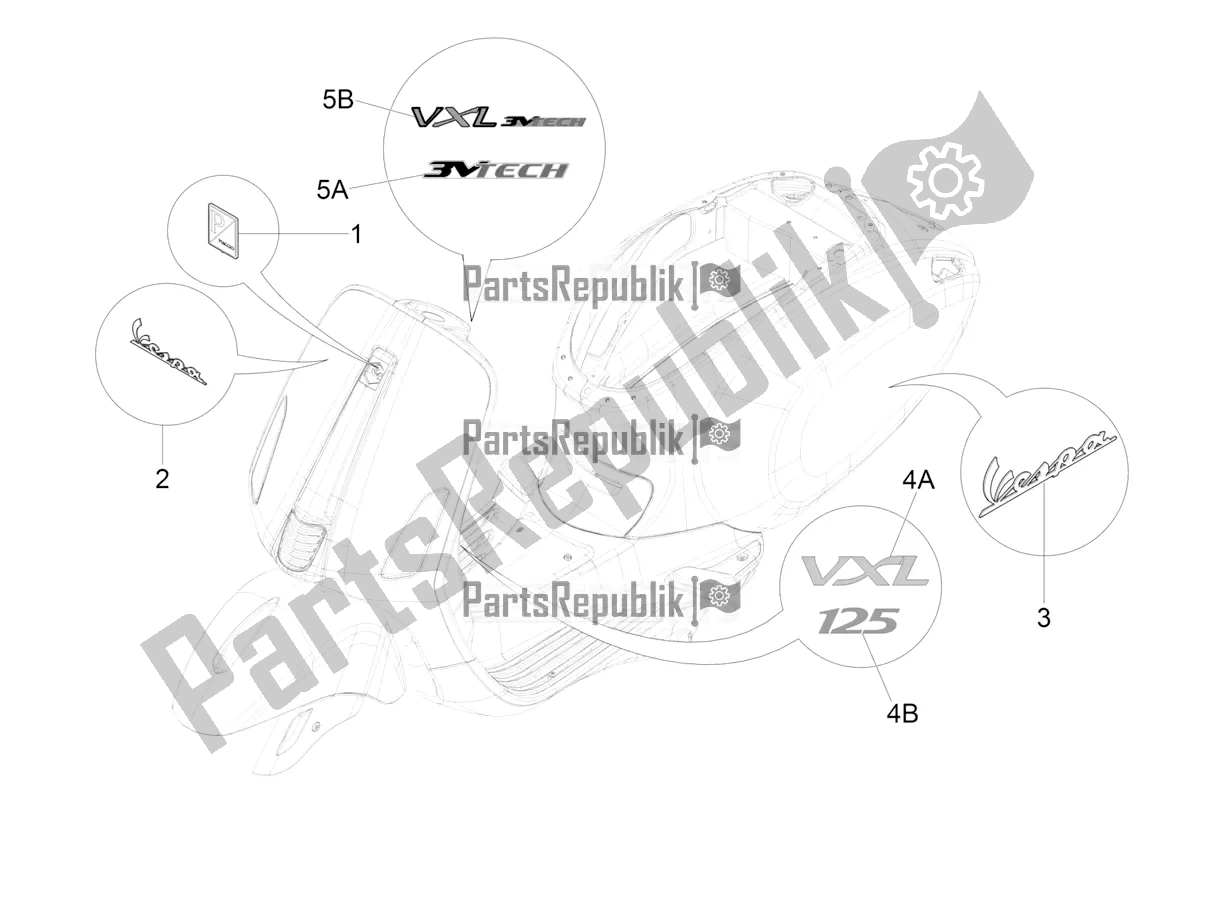 Tutte le parti per il Piatti - Emblemi del Vespa VXL 125 4T 3V Apac 2021