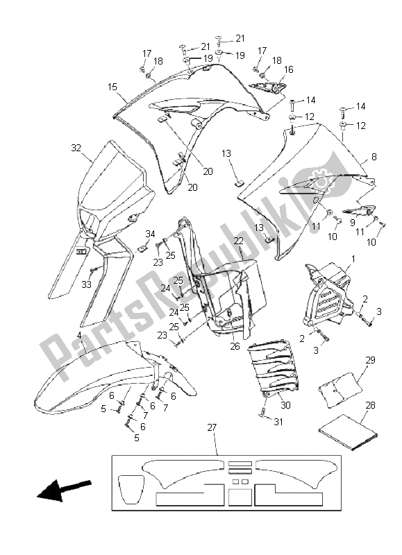 All parts for the Front Body of the Yamaha XT 125R 2008