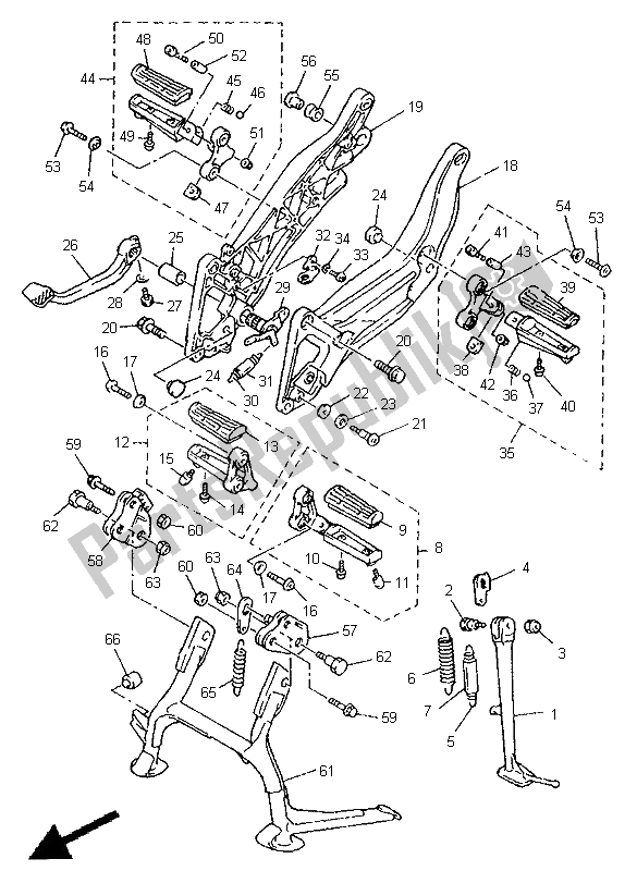 Alle onderdelen voor de Standaard & Voetensteun van de Yamaha GTS 1000 1998