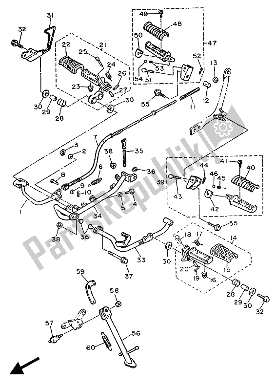 Alle onderdelen voor de Standaard & Voetensteun van de Yamaha XV 535 Virago 1989