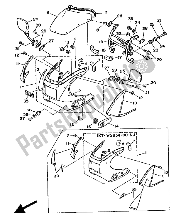 All parts for the Cowling 1 of the Yamaha TZR 250 1988