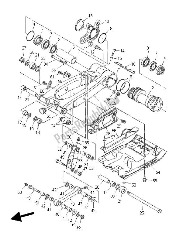 Alle onderdelen voor de Achterste Arm van de Yamaha YFM 700R 2007