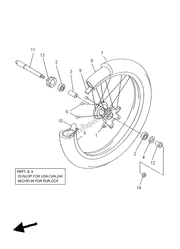 All parts for the Front Wheel of the Yamaha WR 250F 2004