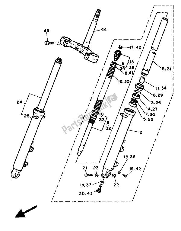 All parts for the Front Fork of the Yamaha FZ 750 Genesis 1988