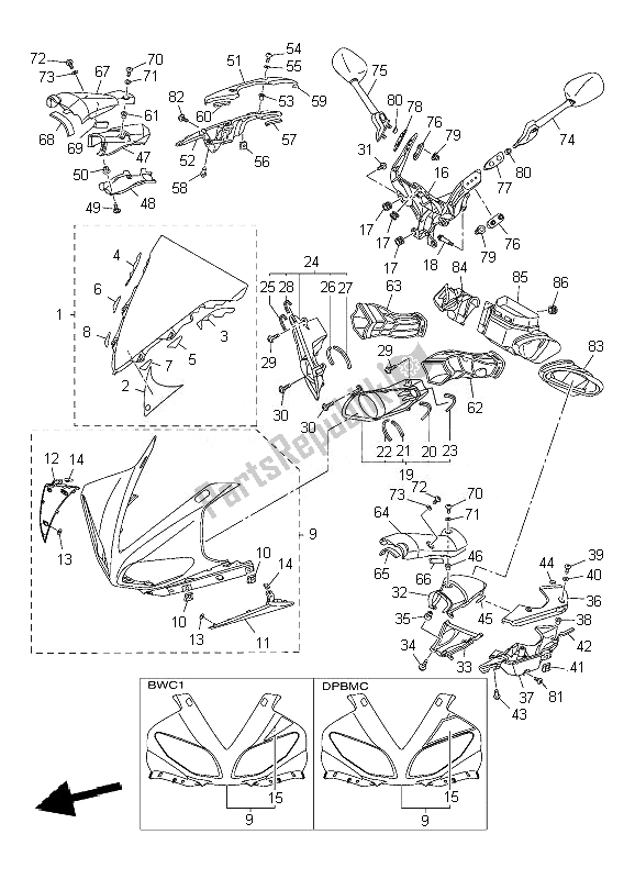 All parts for the Cowling 1 of the Yamaha YZF R1 1000 2010