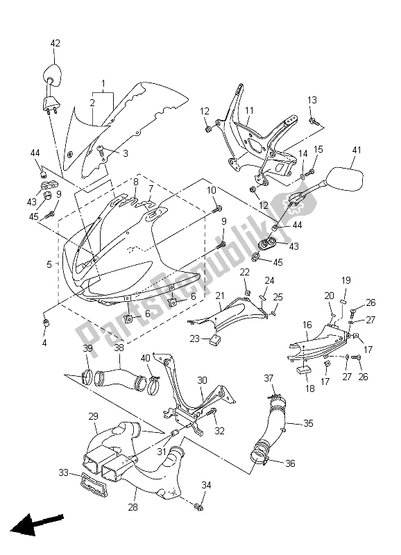 All parts for the Cowling 1 of the Yamaha YZF R6 600 2004