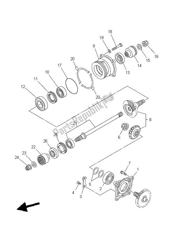 All parts for the Middle Drive Gear of the Yamaha YFM 700 FWA Grizzly 4X4 2014