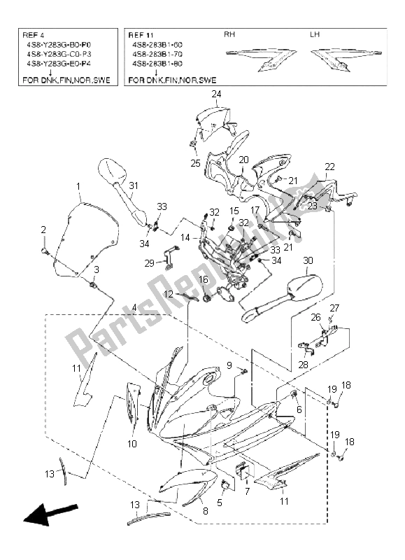 All parts for the Cowling 1 of the Yamaha FZ6 Sahg 600 2008