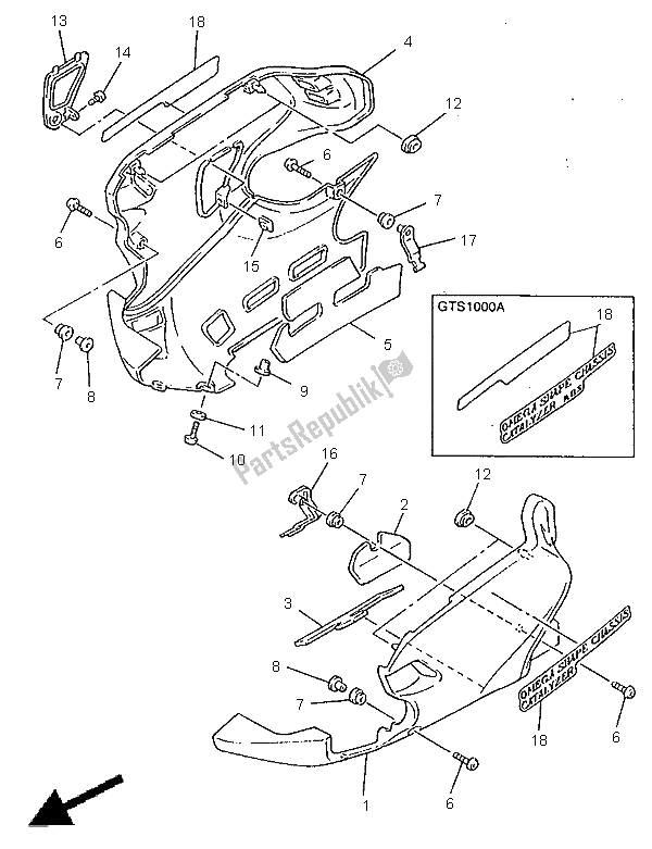 All parts for the Cowling 3 of the Yamaha GTS 1000A 1998