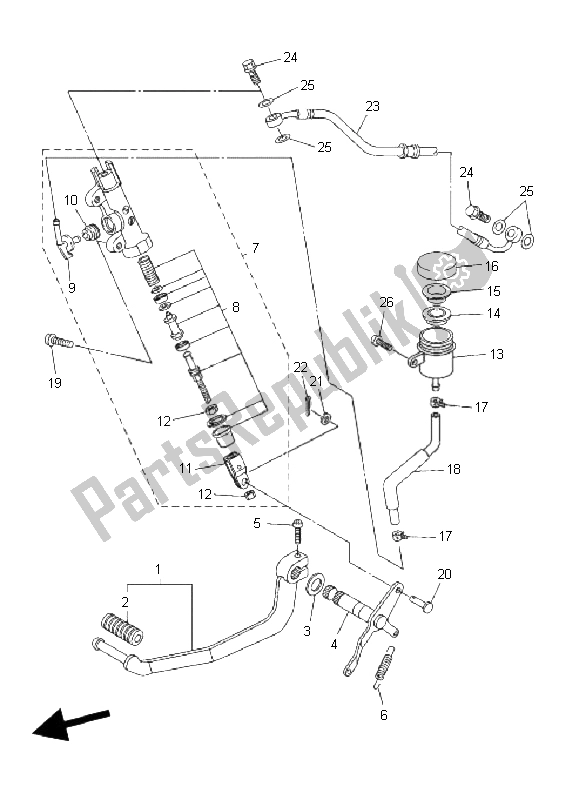 Alle onderdelen voor de Achterste Hoofdcilinder van de Yamaha FZ6 SHG 600 2009