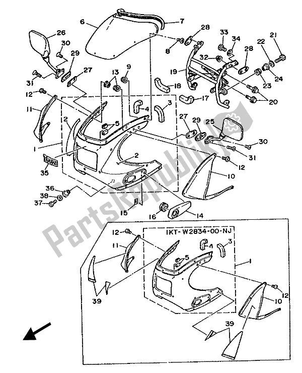 All parts for the Cowling 1 of the Yamaha TZR 250 1987