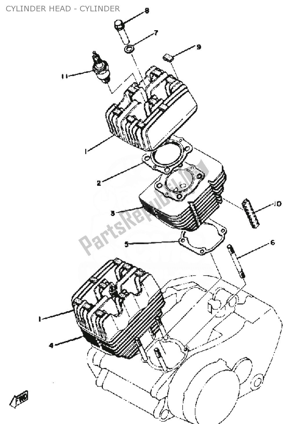 Alle onderdelen voor de Cylinder Head - Cylinder van de Yamaha RD 400 1976