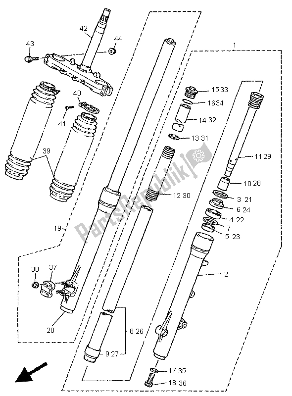 Alle onderdelen voor de Voorvork van de Yamaha XT 600E 1997