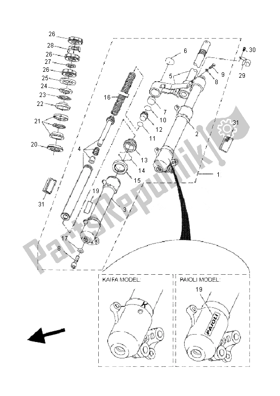 All parts for the Front Fork of the Yamaha YQ 50 Aerox 2010