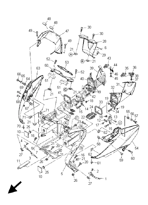 All parts for the Leg Shield of the Yamaha XP 500A T MAX 2009