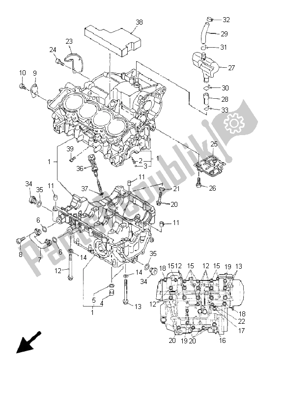 All parts for the Crankcase of the Yamaha YZF R6 600 2001