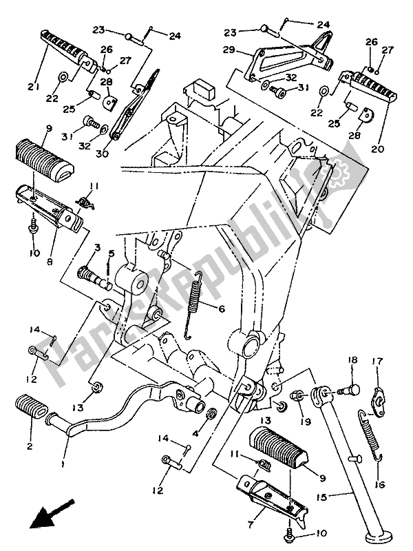 All parts for the Stand & Footrest of the Yamaha TDR 125 1993