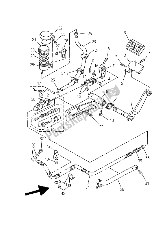 All parts for the Rear Master Cylinder of the Yamaha XVZ 1300A Royalstar 2000