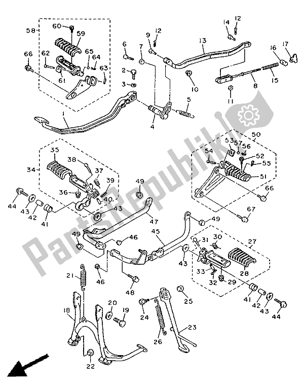 All parts for the Stand & Footrest of the Yamaha XV 1100 Virago 1992