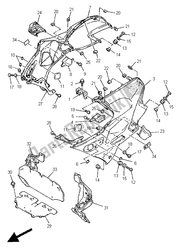 All parts for the Cowling 2 of the Yamaha GTS 1000 1998