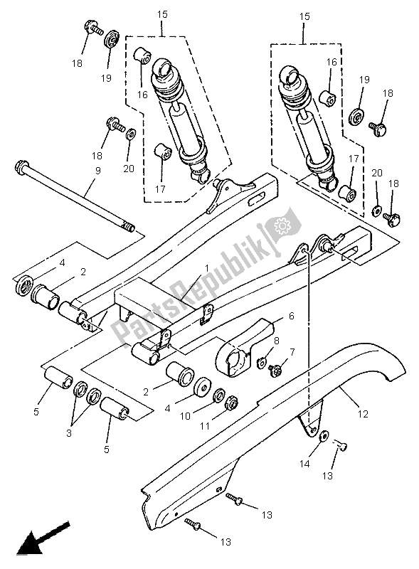 All parts for the Rear Arm of the Yamaha XV 250 Virago 1996