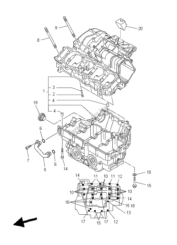 All parts for the Crankcase of the Yamaha YZF R1 1000 2007