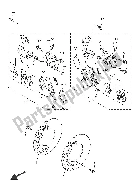 All parts for the Front Brake Caliper of the Yamaha XVS 1300A 2016