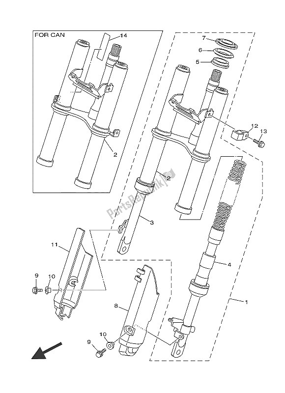 All parts for the Front Fork of the Yamaha TT R 50E 2016