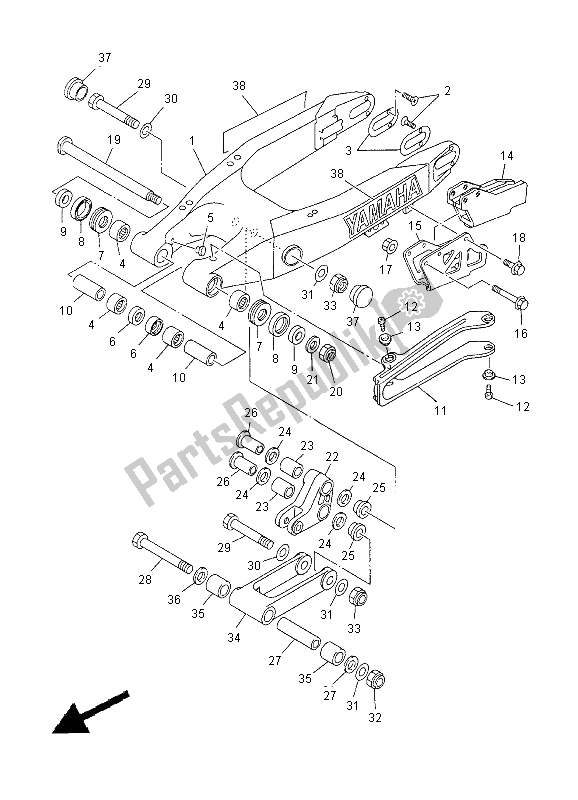 Alle onderdelen voor de Achterste Arm van de Yamaha WR 400F 2000