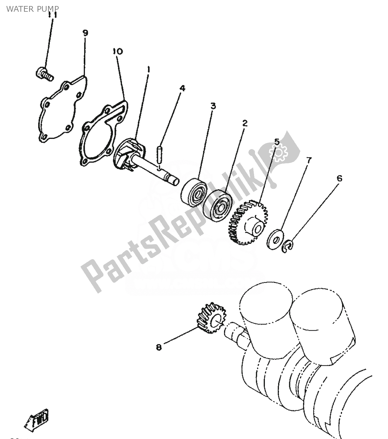 Alle onderdelen voor de Waterpomp van de Yamaha RD 350 1991