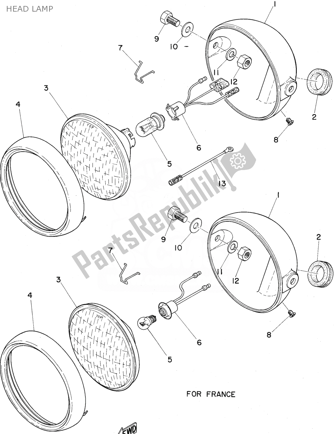All parts for the Head Lamp of the Yamaha FS1 1974 All parts for the Head Lamp of the Yamaha FS1 1974