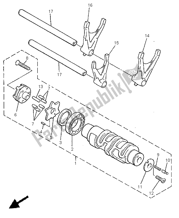 All parts for the Shift Cam & Fork of the Yamaha XVZ 1300A Royalstar 1999