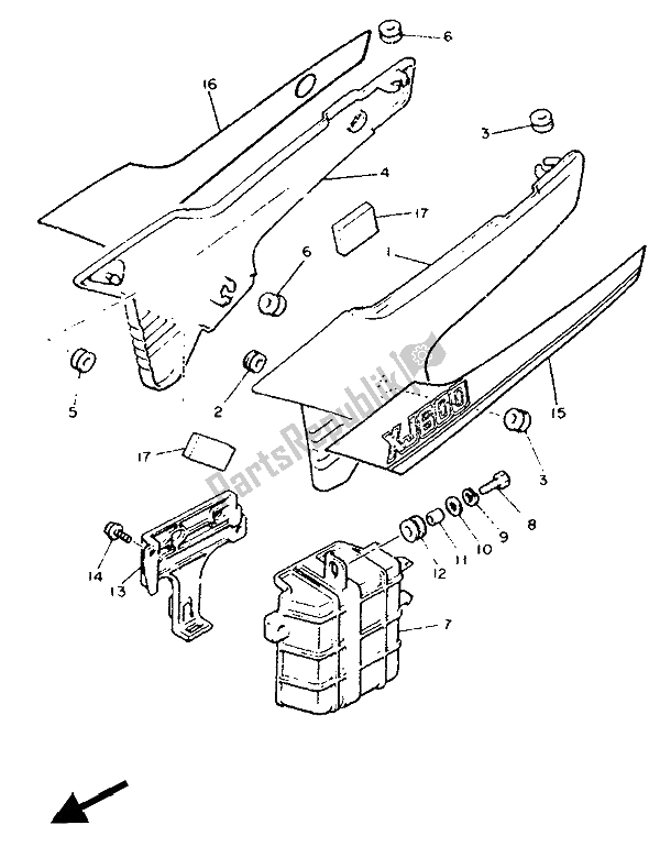 All parts for the Side Cover & Oil Tank of the Yamaha XJ 600 1991