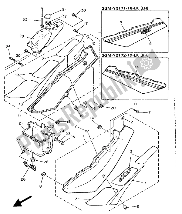 Toutes les pièces pour le Couvercle Latéral Et Réservoir D'huile du Yamaha FZR 1000 1989