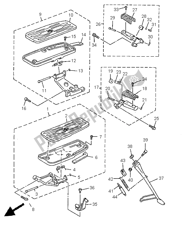 All parts for the Stand & Footrest of the Yamaha XVZ 1300A Royalstar 1999