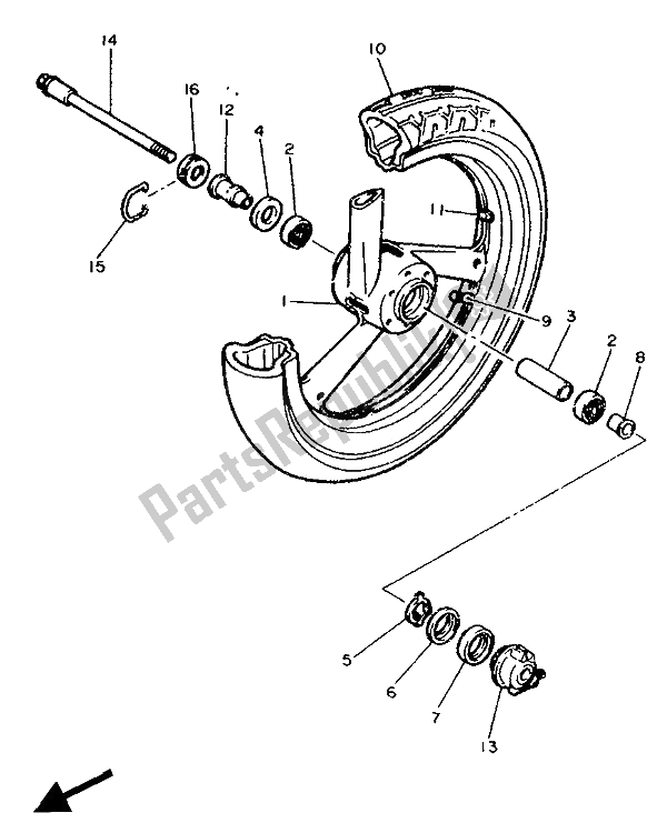 All parts for the Front Wheel of the Yamaha FZR 750R 1990