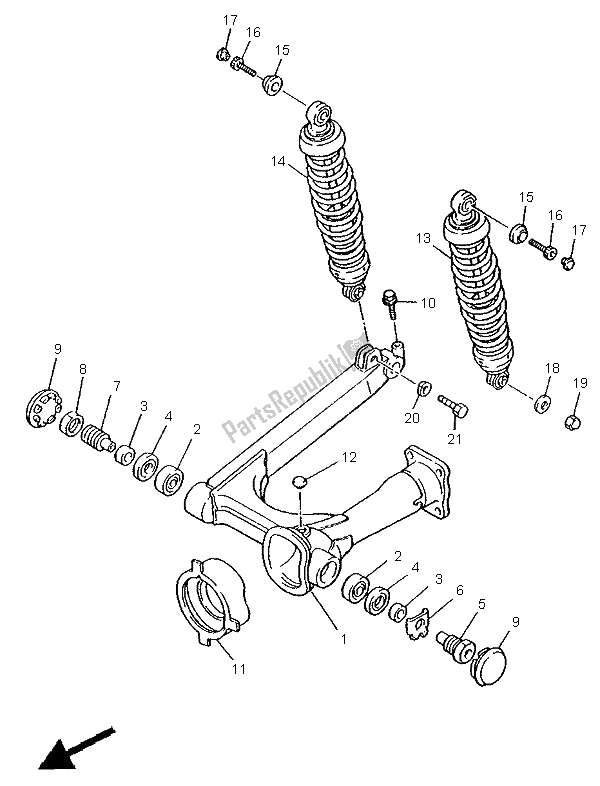 Alle onderdelen voor de Achterarm & Ophanging van de Yamaha XV 1100 Virago 1995