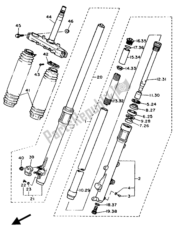 All parts for the Front Fork of the Yamaha XT 600E 1990