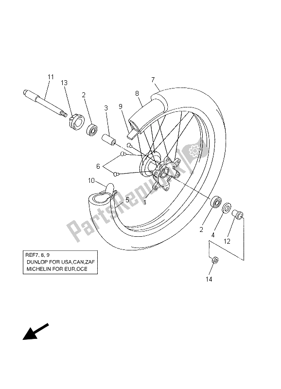 All parts for the Front Wheel of the Yamaha WR 250F 2003