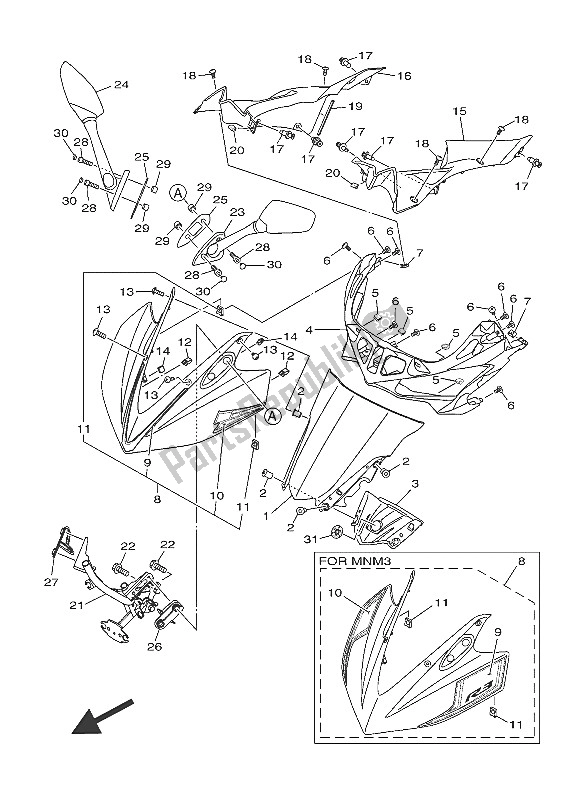 All parts for the Windshield of the Yamaha YZF R3A 300 2016