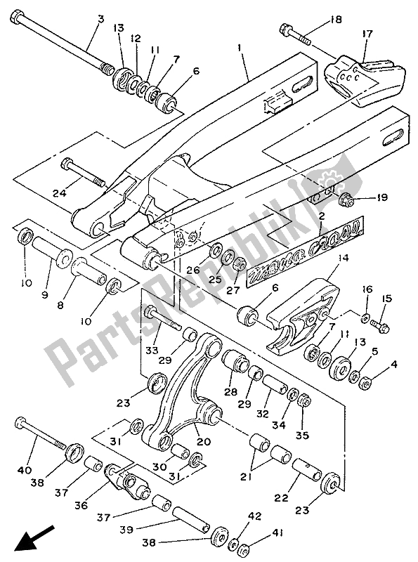 Alle onderdelen voor de Achterste Arm van de Yamaha YZ 80 1989