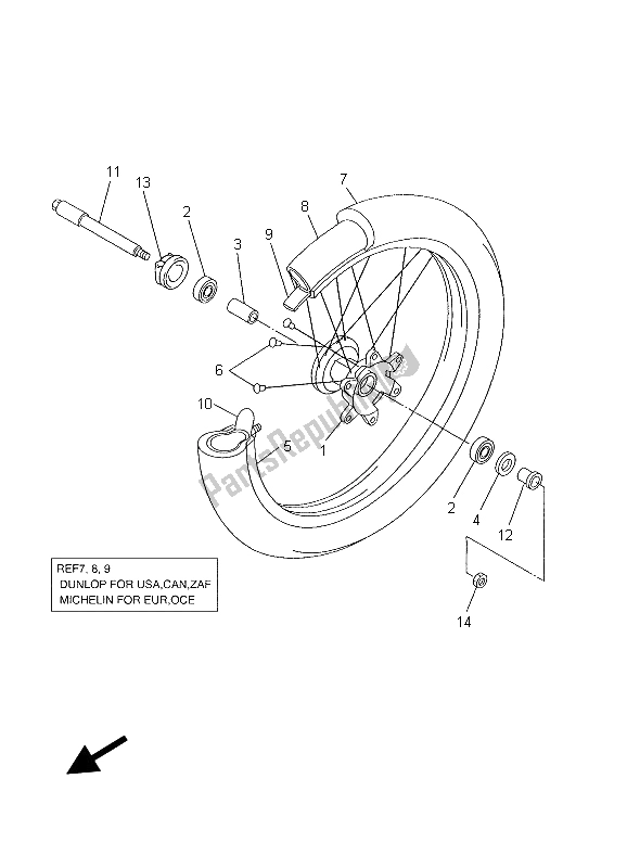 All parts for the Front Wheel of the Yamaha WR 450F 2003