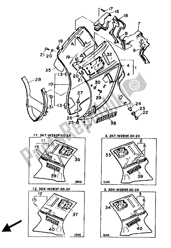 All parts for the Cowling 2 of the Yamaha FZ 750 Genesis 1988