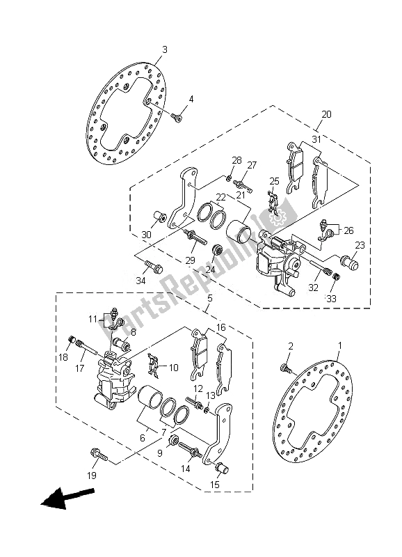 All parts for the Rear Brake Caliper of the Yamaha YFM 550F Grizzly FI 4X4 2010