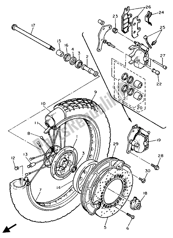 All parts for the Front Wheel of the Yamaha XT 600K 1992