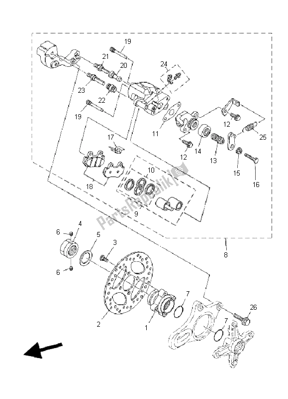 All parts for the Rear Brake Caliper of the Yamaha YFZ 450 SE 2008