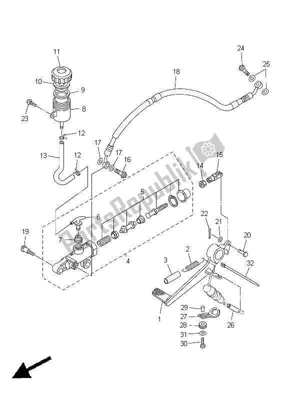 Alle onderdelen voor de Achterste Hoofdcilinder van de Yamaha YZF R6 600 2005