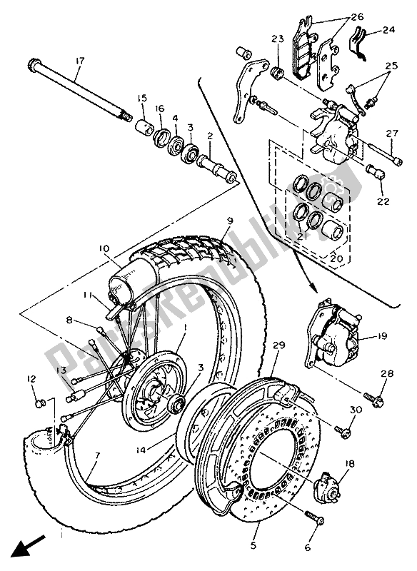 All parts for the Front Wheel of the Yamaha XT 600E 1992