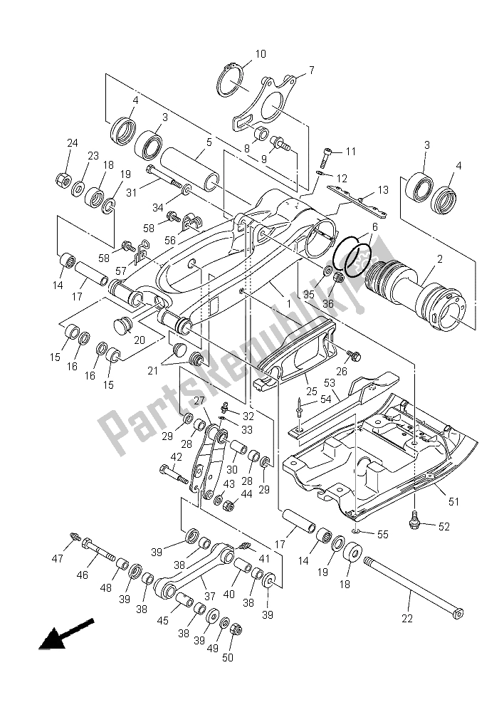 Alle onderdelen voor de Achterste Arm van de Yamaha YFM 700R 2015